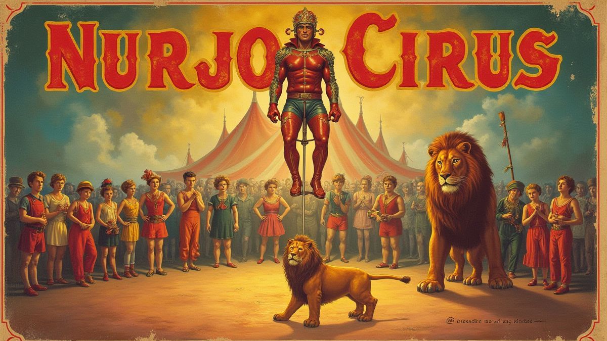 Un póster vintage de circo con acróbatas y domador de leones.