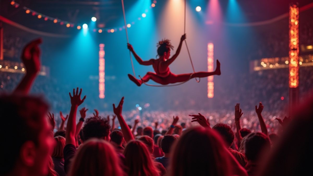 Una multitud en un circo disfrutando de un artista en el trapecio.
