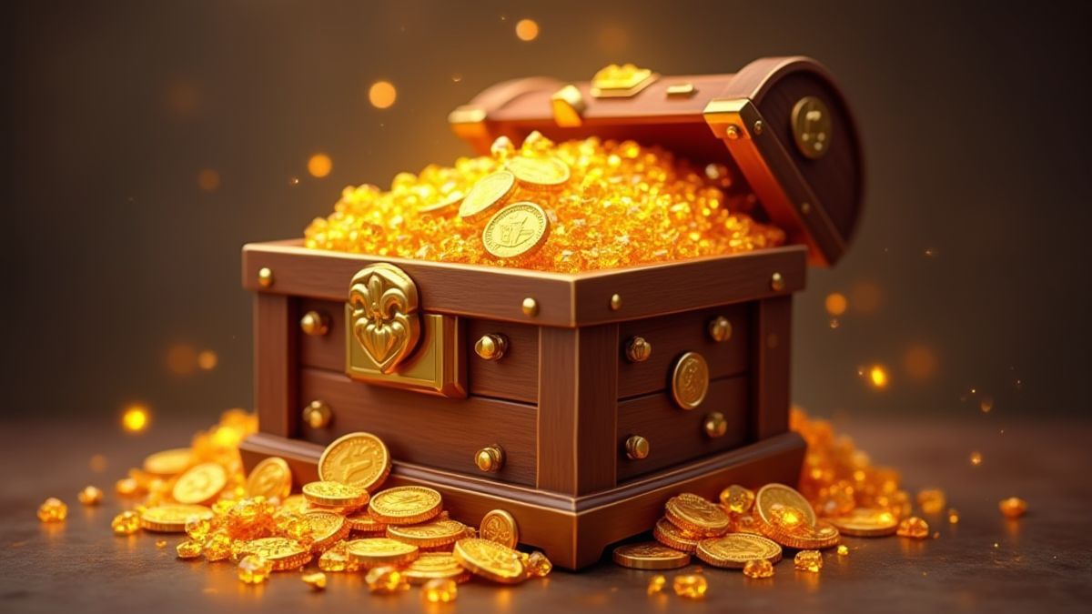 Ein Tresor voller Goldmünzen und funkelnder Edelsteine.