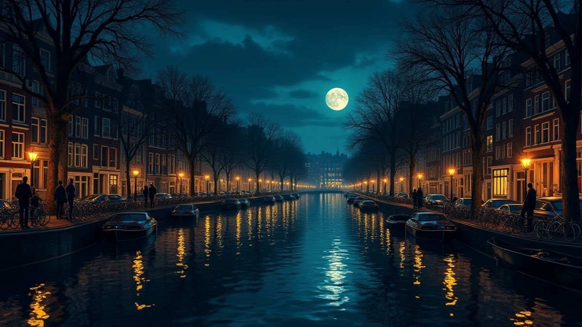 De kanalen van Amsterdam met personages tijdens een nachtelijke overval.