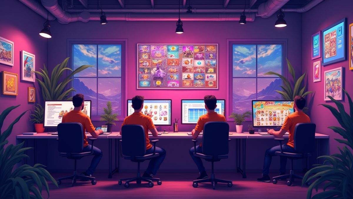 Ontwikkelaars die in een creatief studio werken aan het ontwerpen van gokkasten.