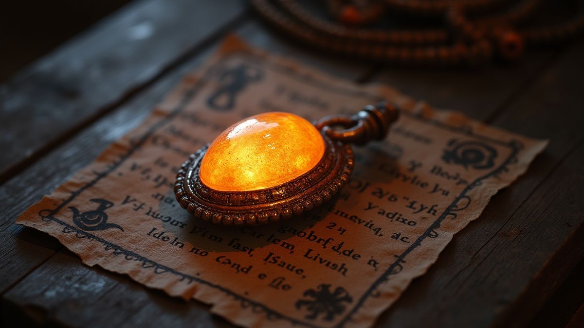 Een glanzend amulet op een oude houten tafel omringd door magische runen.