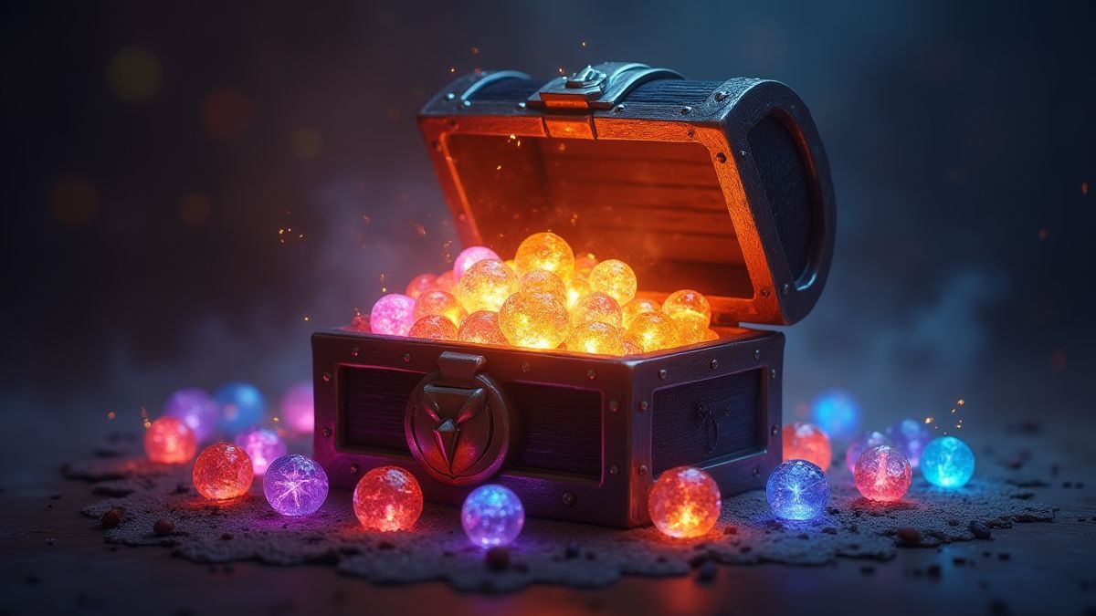 Glanzende magische amuletten in een stralende schatkist omringd door mystieke lichten.