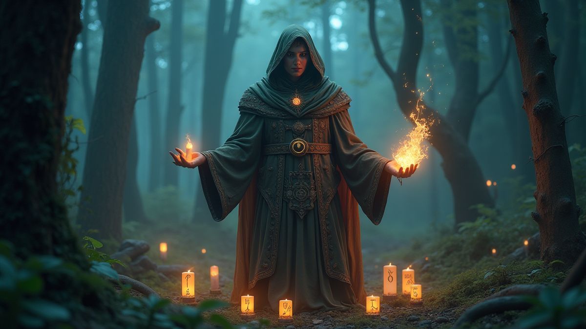 Een mystiek personage dat een amulet vasthoudt, omringd door glanzende runen in een magisch bos.