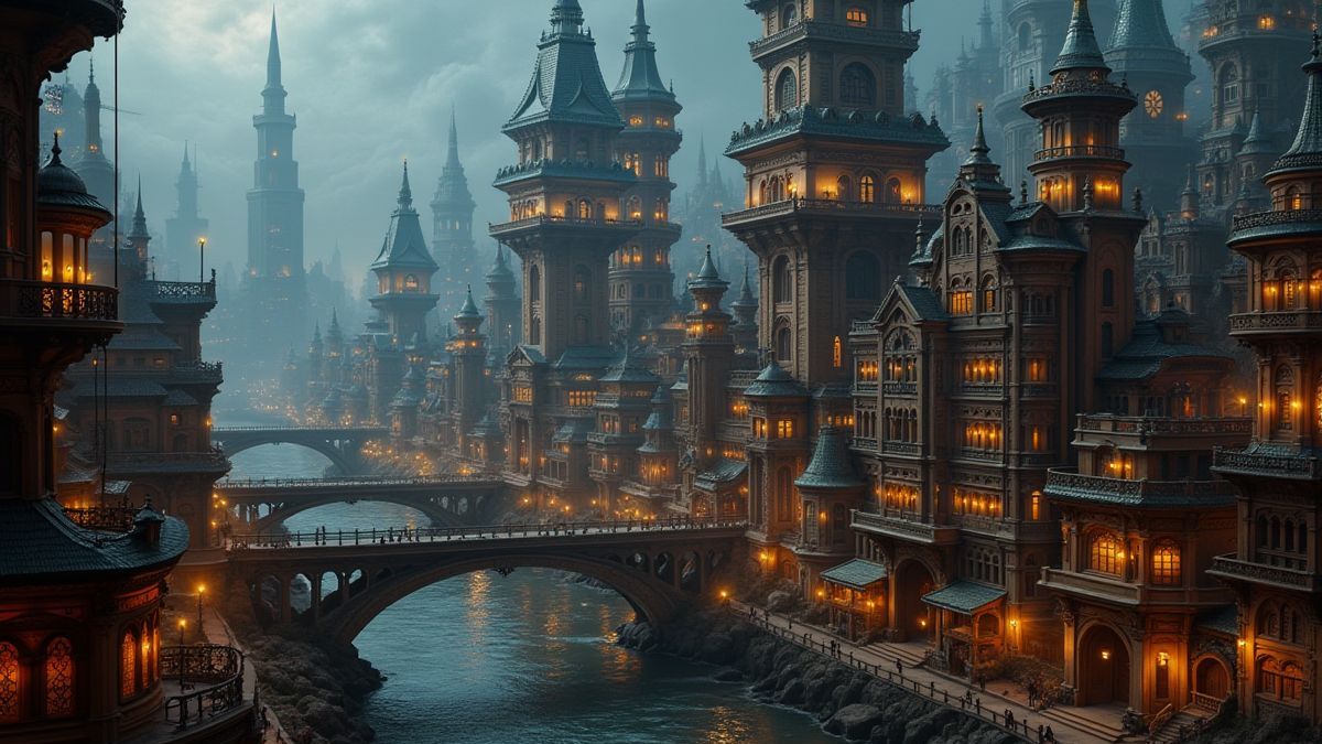 Eine detaillierte Steampunk-Stadt mit leuchtenden Lichtern und mechanischen Türmen.