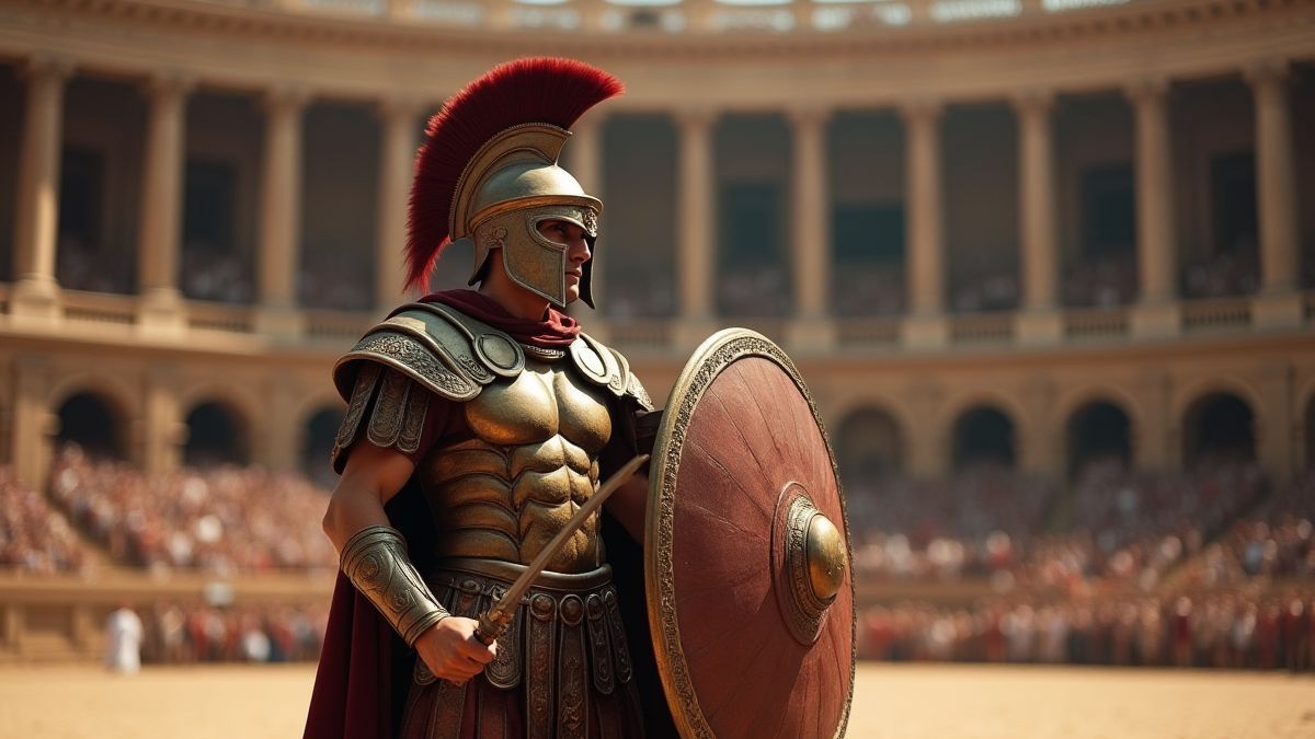 Roman gladiator in full armor in an arena.