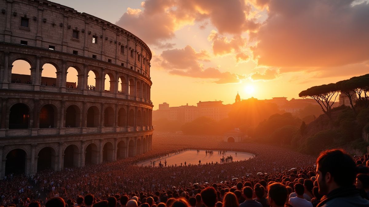 View of the Roman coliseum at sunset with dramatic lighting and cheering crowds.