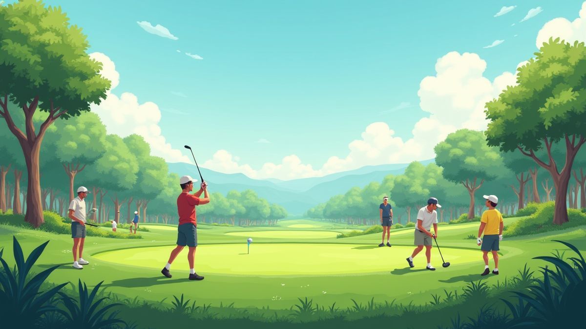 Geanimeerde golfbaan met professionele spelers.