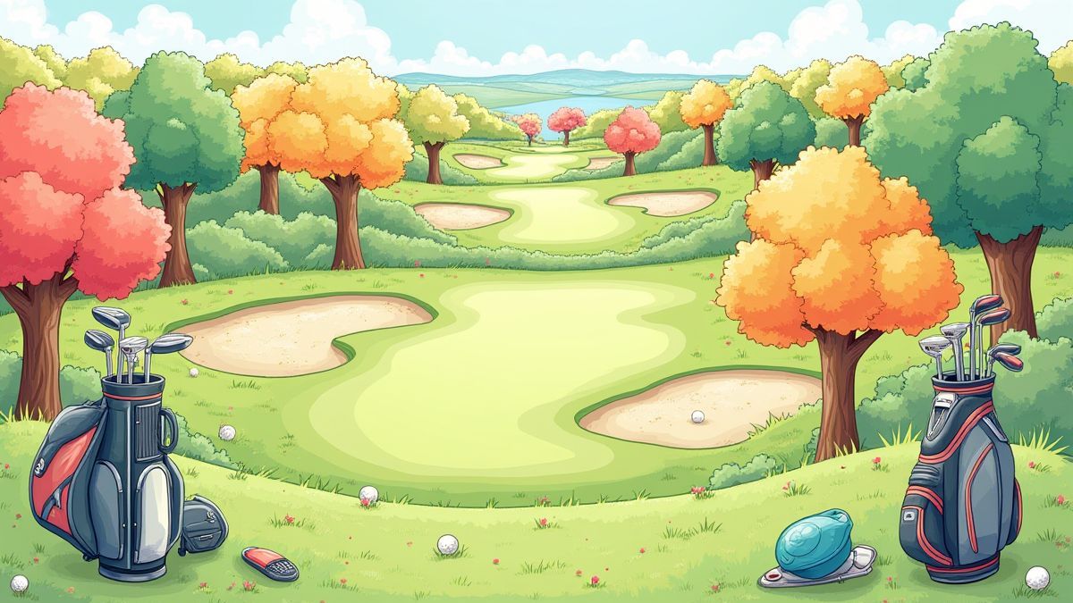 Thema illustratie van golf met bomen en uitrusting.
