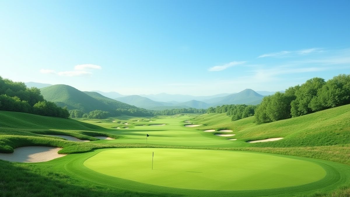 Image d'un terrain de golf pittoresque avec des collines verdoyantes.