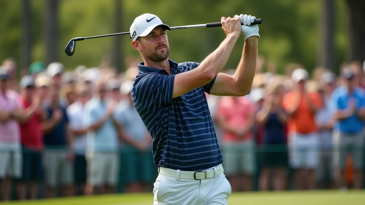 Image d'un golfeur en action avec un public en train d'encourager.