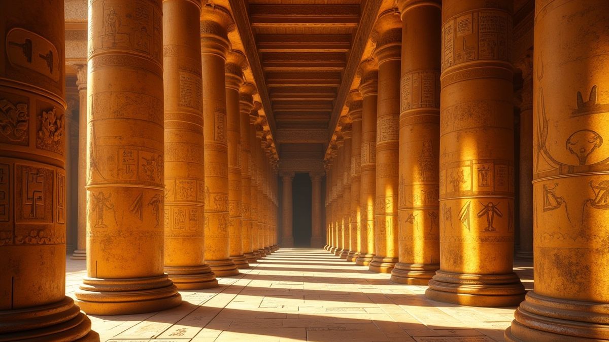 Intérieur d'un temple égyptien décoré avec des colonnes dorées et des hiéroglyphes.