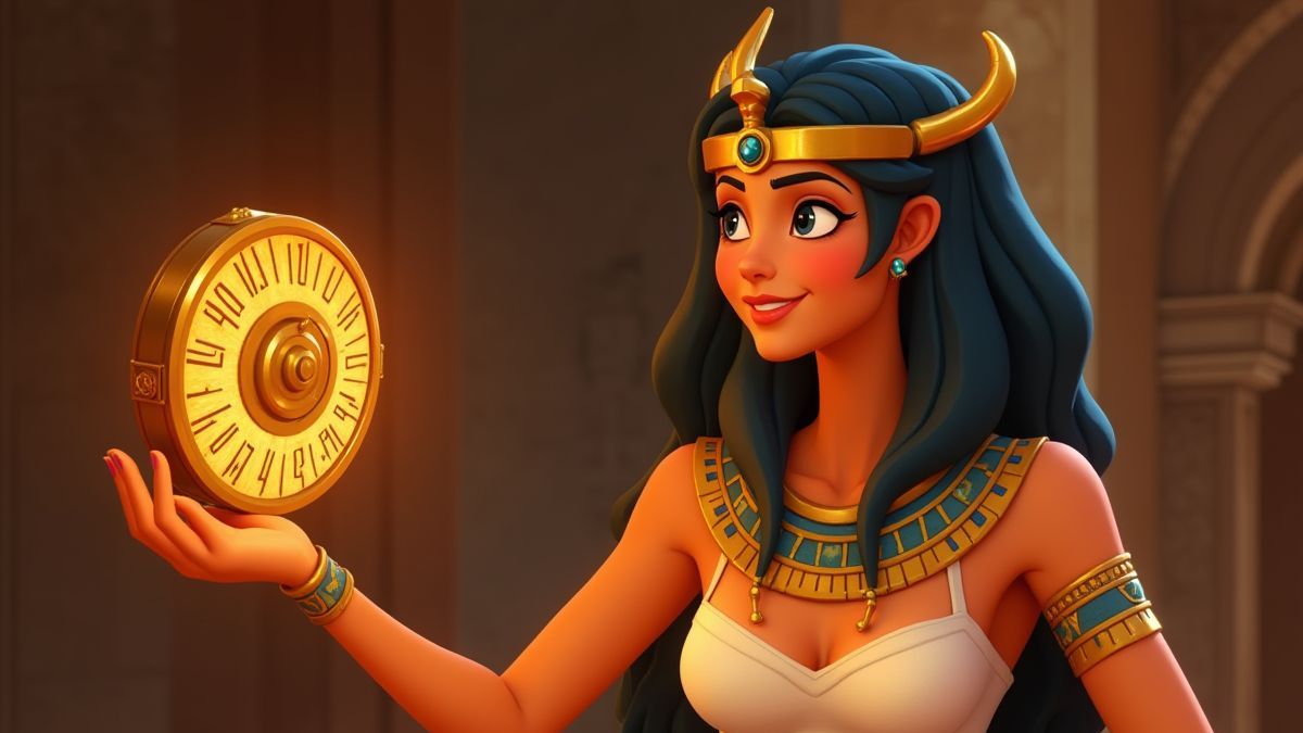 Cléopâtre tenant une roue lumineuse avec des hiéroglyphes.