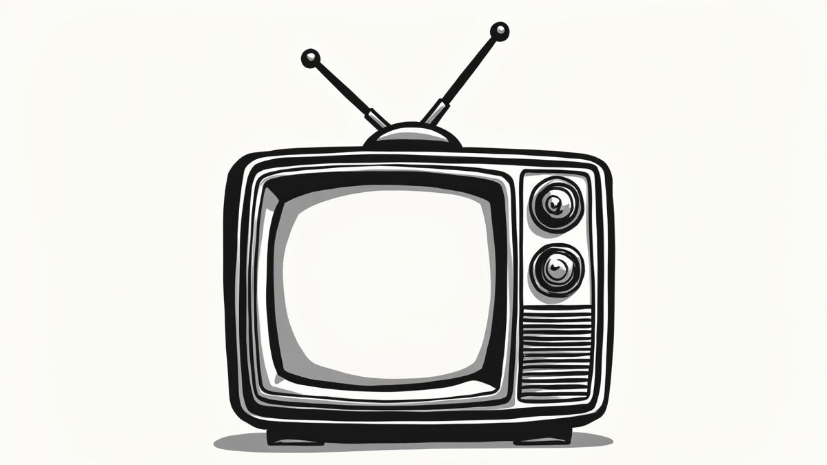 Téléviseur rétro avec antennes montrant une transmission en noir et blanc.