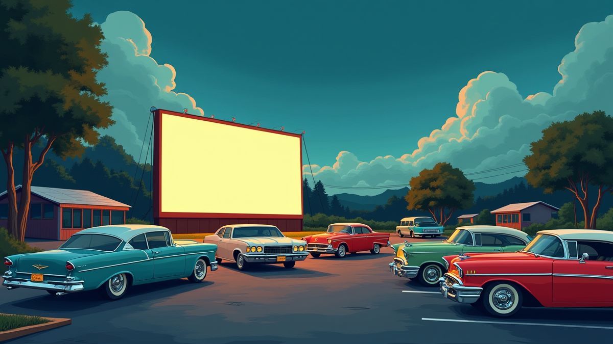 Autocine des années 50 avec voitures stationnées et un écran de cinéma.
