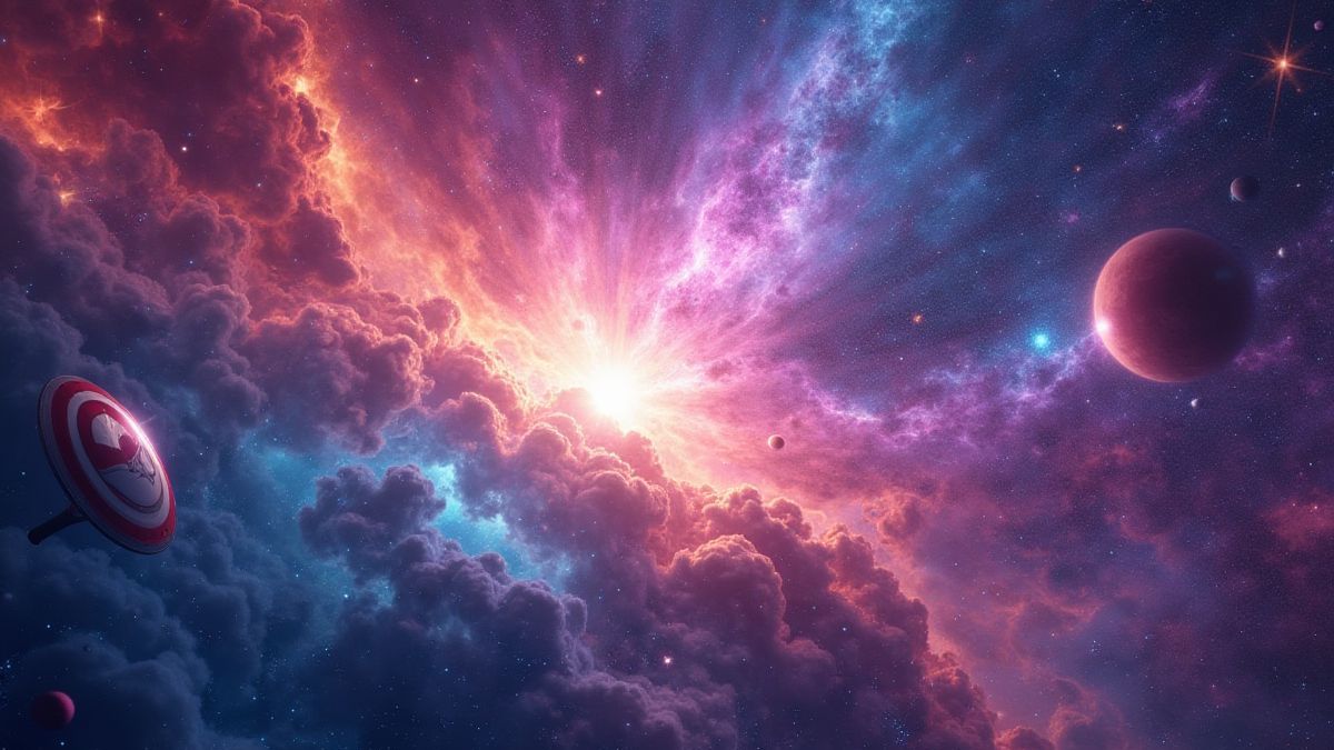 Cosmic space with vibrant colors and superhero elements like shields and hammers.