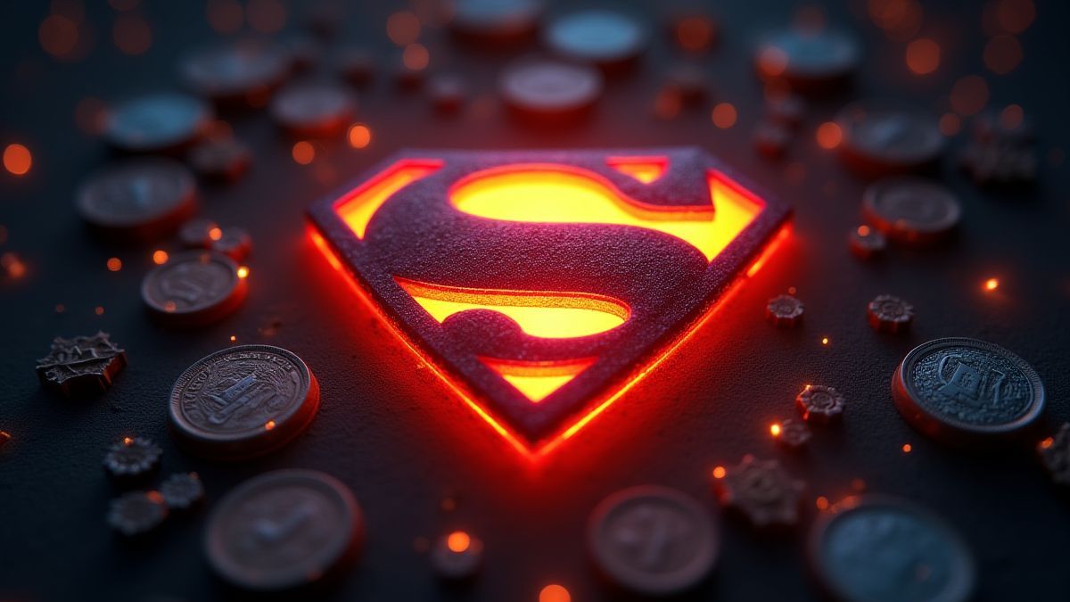 Glowing superhero emblem surrounded by sparkling coins.