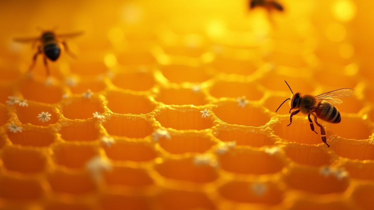 Eine Nahaufnahme eines Bienenstocks mit goldener Honig, der tropft und Bienen, die herumfliegen.