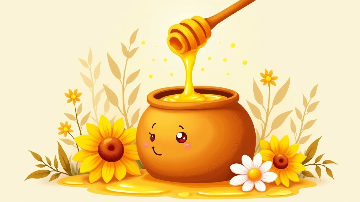 Ein überlaufender Honigtopf umgeben von Blumen.