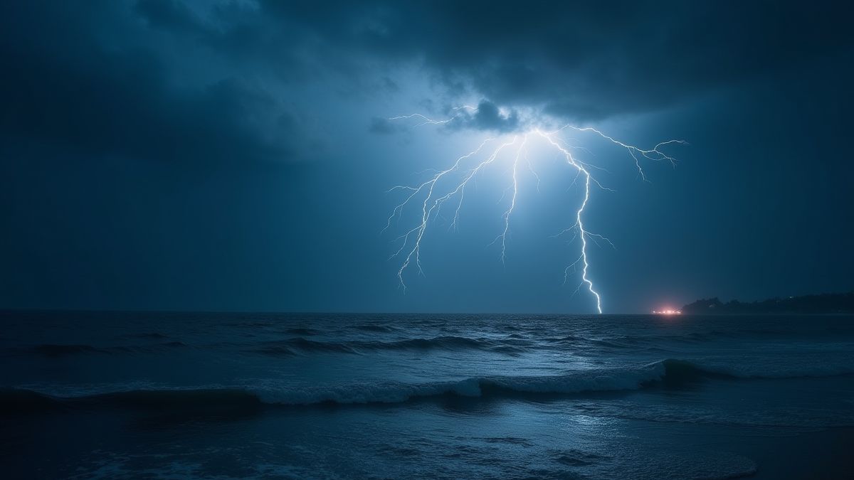 Mer sombre et tempétueuse avec des lumières mystérieuses.