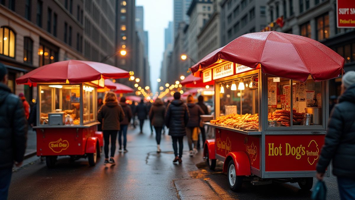 Carros de comida em uma rua de Nova Iorque cheios de hot dogs e pretzels