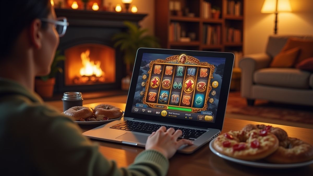 Pessoa jogando a um slot em seu portátil enquanto come pizza e bagels
