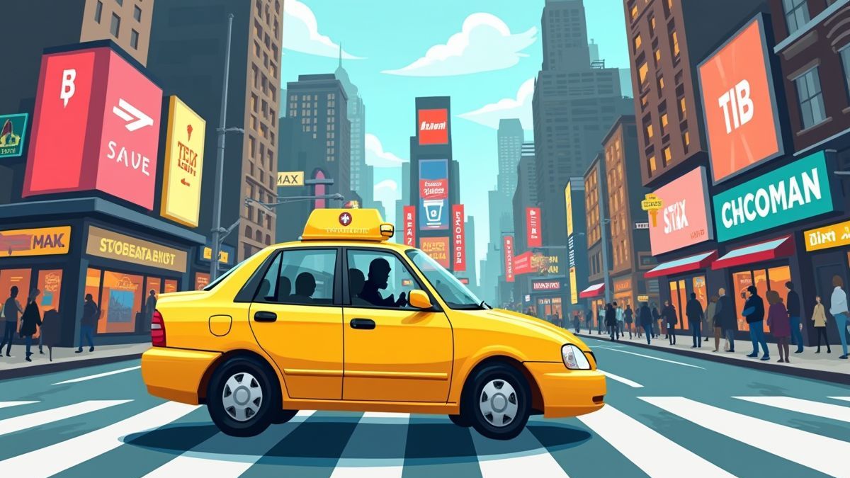 Taxi jaune conduisant par Times Square à New York.