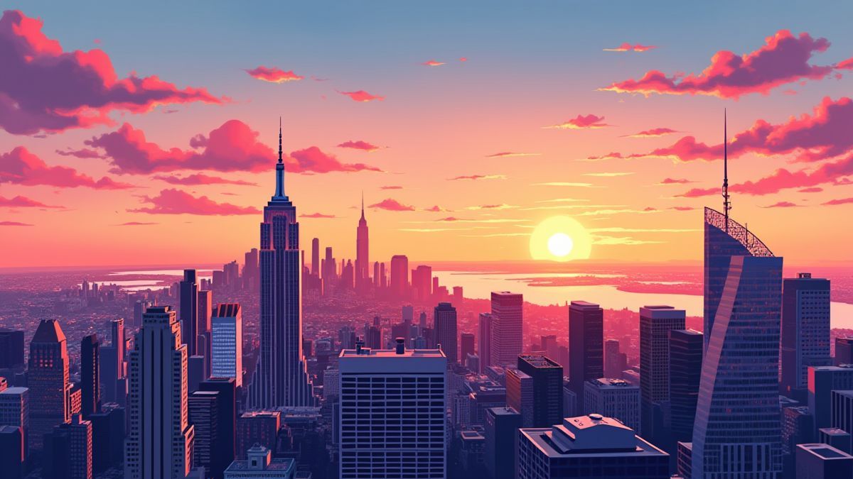 Horizon de New York au coucher du soleil avec des couleurs vibrantes.