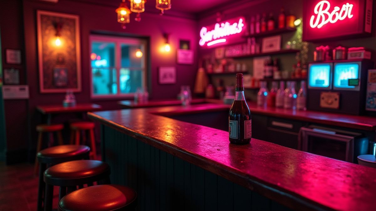 Een afbeelding van een retro bar met neonlichten en vinyl platen.