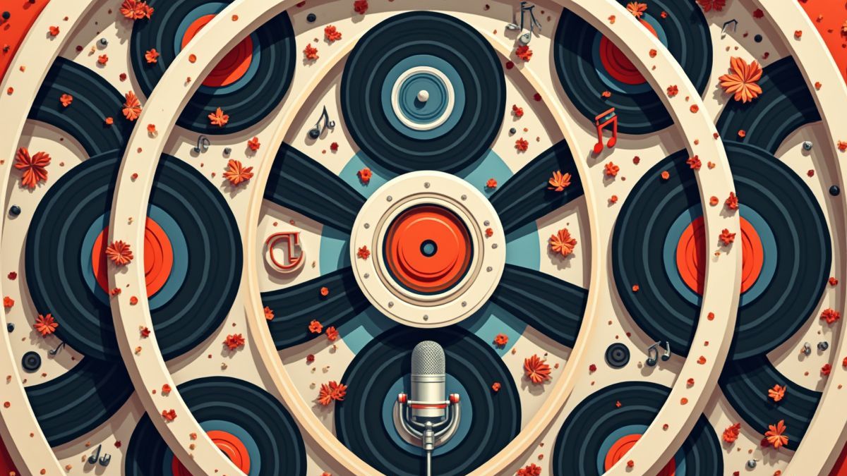 Rollen met muzikale symbolen zoals vinyl platen en microfoons.