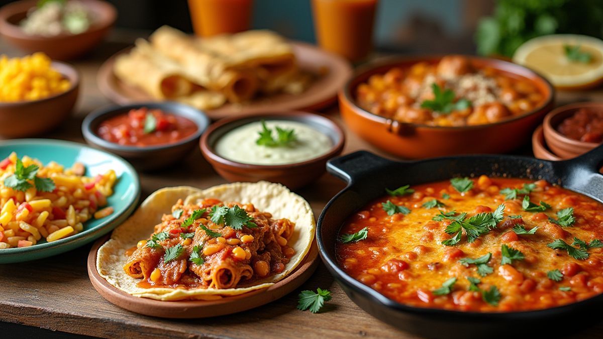 Table pleine de plats mexicains colorés comme des tacos et des enchiladas.