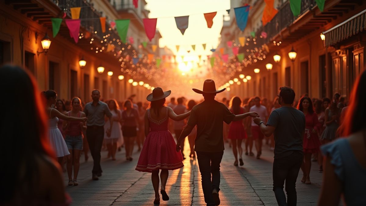 Rue mexicaine animée avec des gens dansant et des décorations festives.