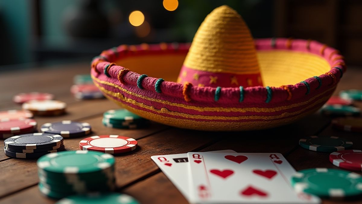 Sombrero festif entouré de jetons de poker et de cartes.