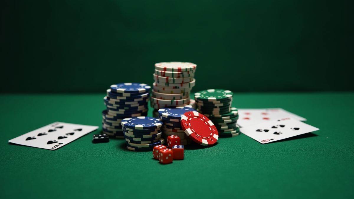 Spieltisch mit Pokerchips und Karten.