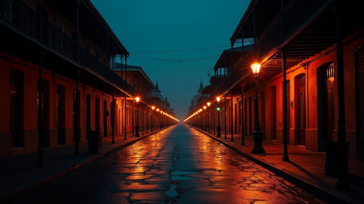 Una calle de Nueva Orleans iluminada por luces nocturnas con música de jazz en el aire.