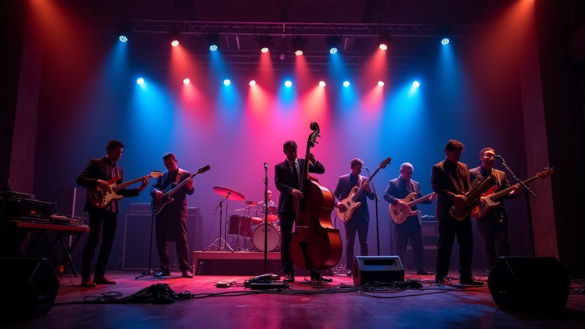 Músicos tocando instrumentos de jazz en un escenario iluminado en Nueva Orleans.