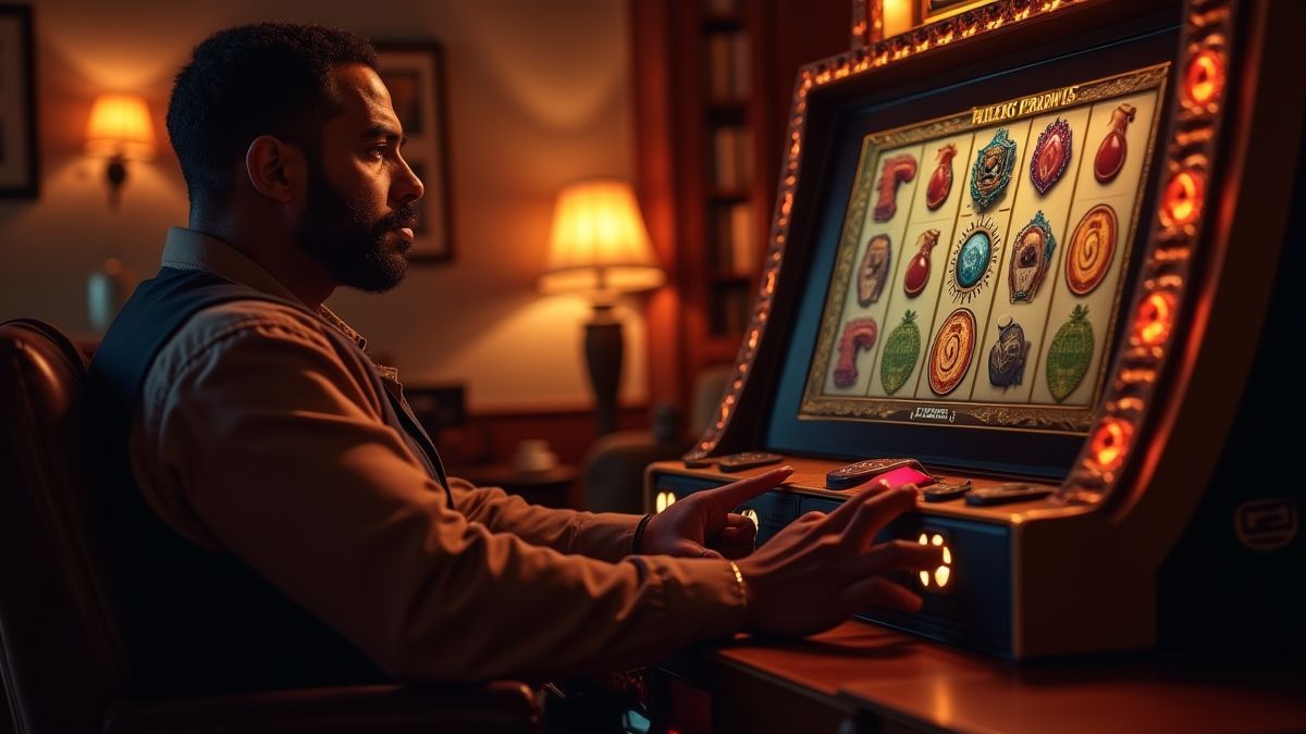 Un jugador relajado en una sala acogedora jugando a una tragaperras inspirada en el jazz.
