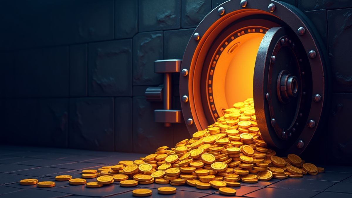 Kluis met gouden munten die onder een zwakke neonverlichting uitstromen.