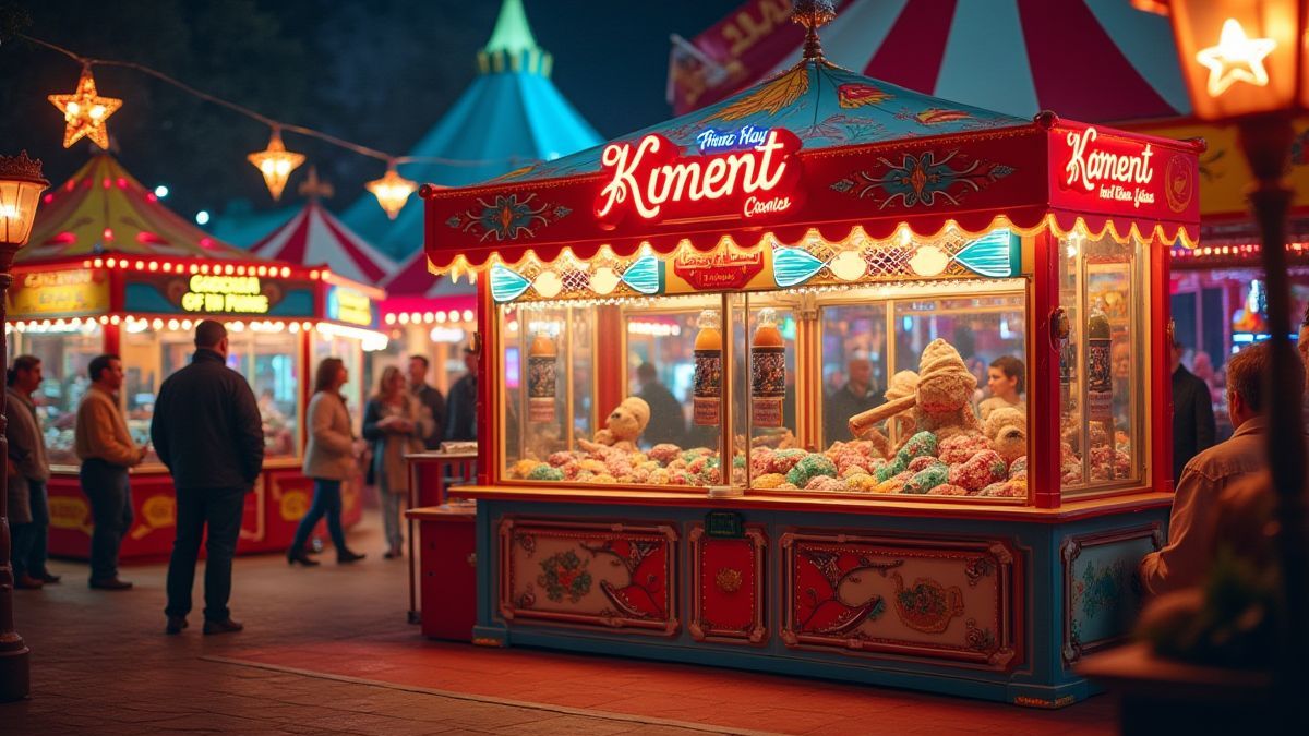 Image of a fair game booth with colorful prizes.