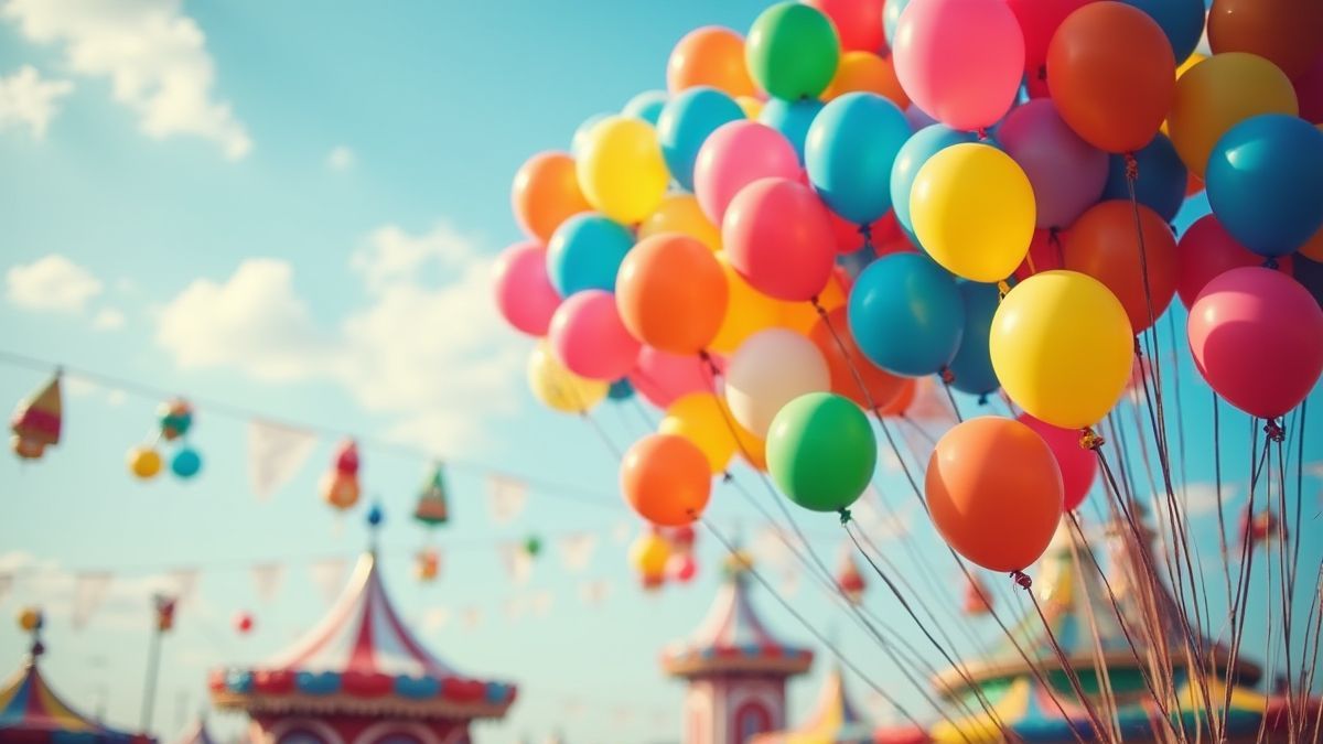 Colorful balloons floating at a fair.