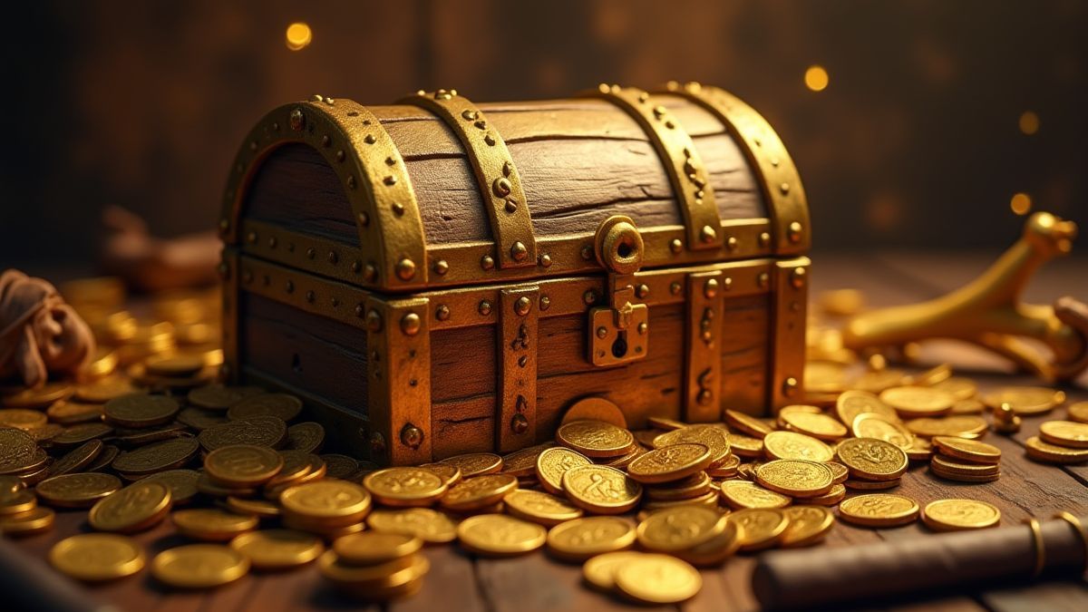 Image d'un coffre au trésor doré entouré de pièces brillantes et d'artefacts pirates.