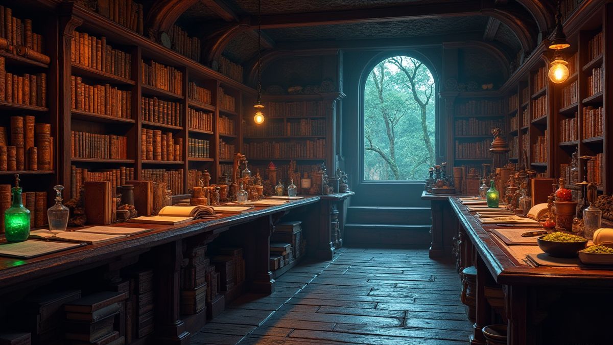 Biblioteca mágica con libros brillantes y pociones.