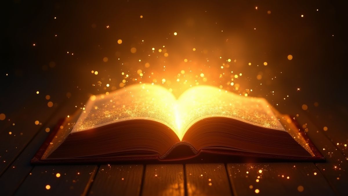 Libro mágico brillante con luz dorada y destellos.