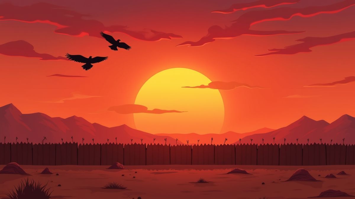 Wüsten Sonnenuntergang mit Grenzmauer