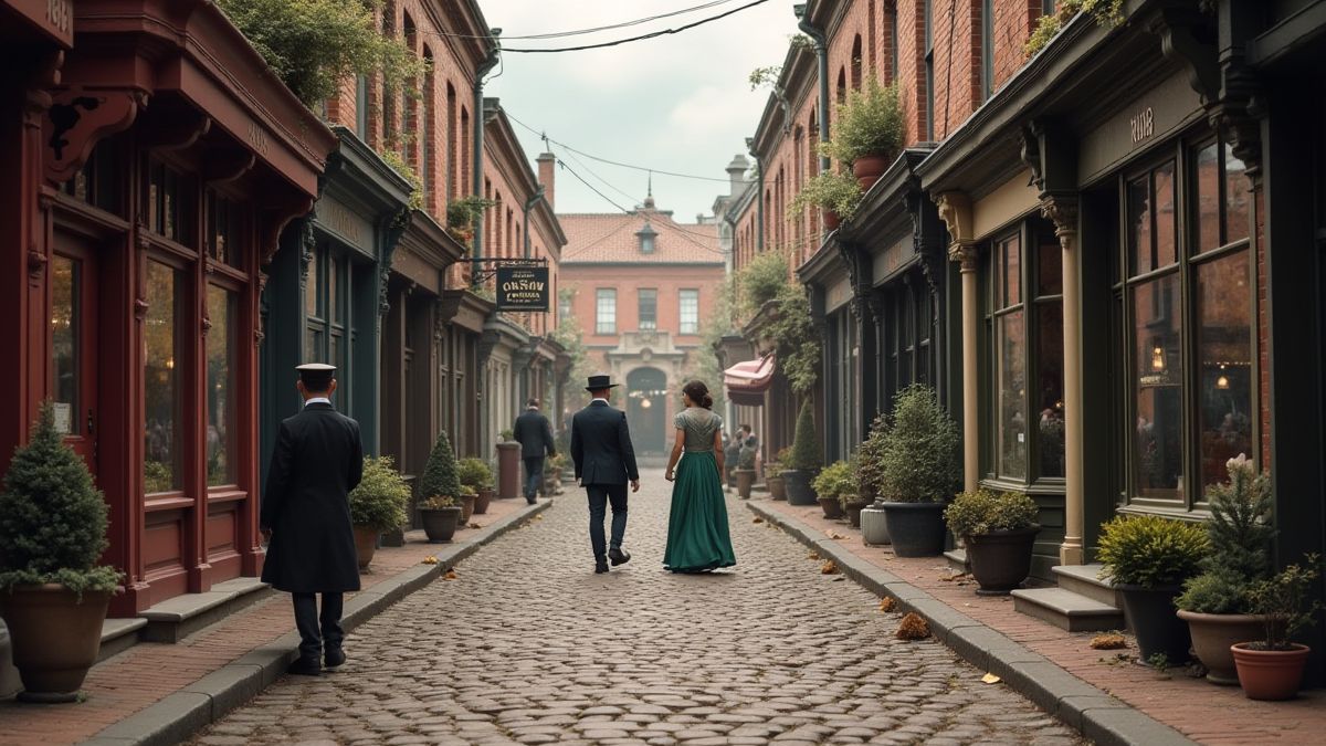 Rues pavées dans le Bowery avec des vitrines vintage et des personnages en tenue d'époque.