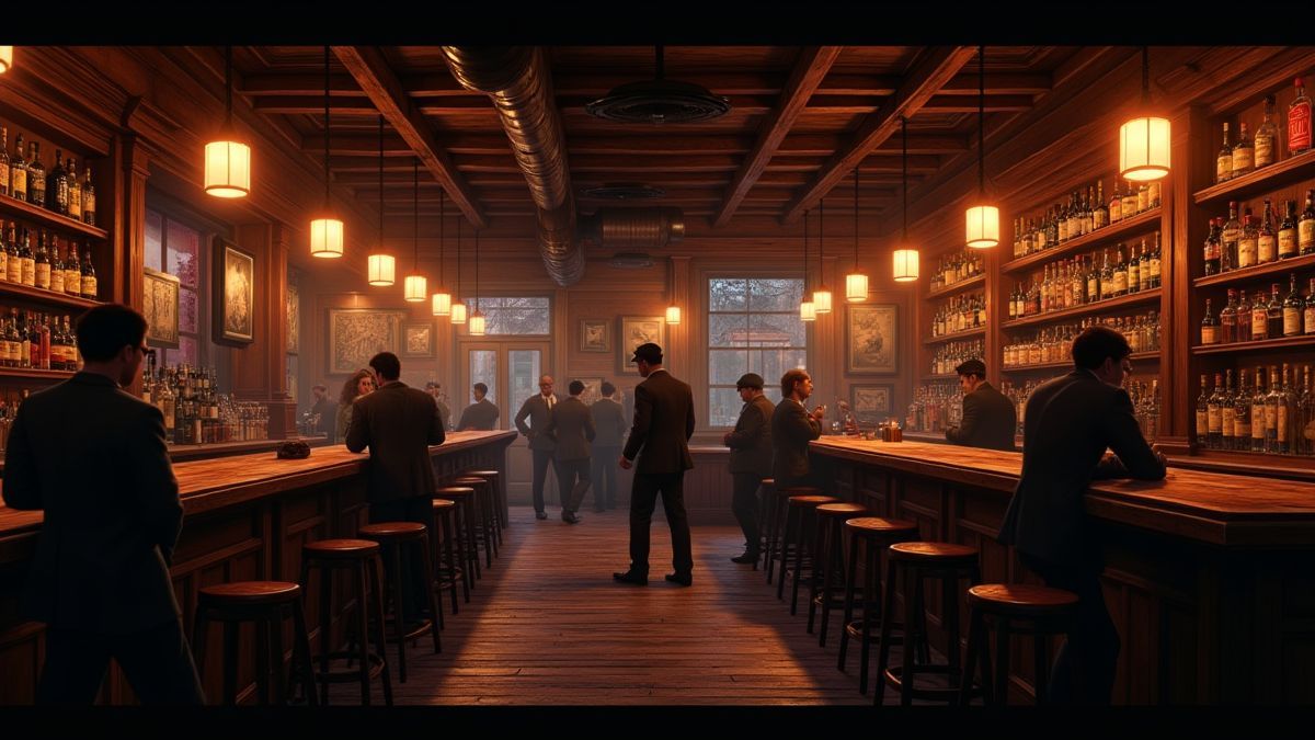 Représentation animée d'un bar vintage dans le Bowery avec des membres de gangs.