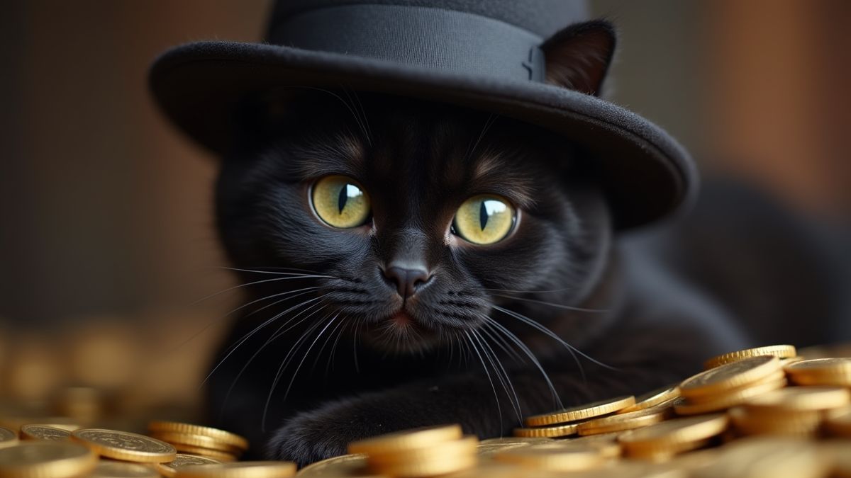 Un chat noir avec chapeau et costume sur des pièces d'or.