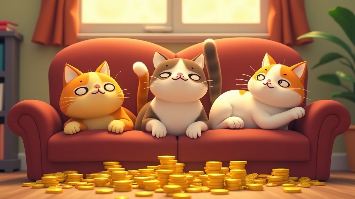 Chats détendus sur un canapé avec des tas de pièces d'or.
