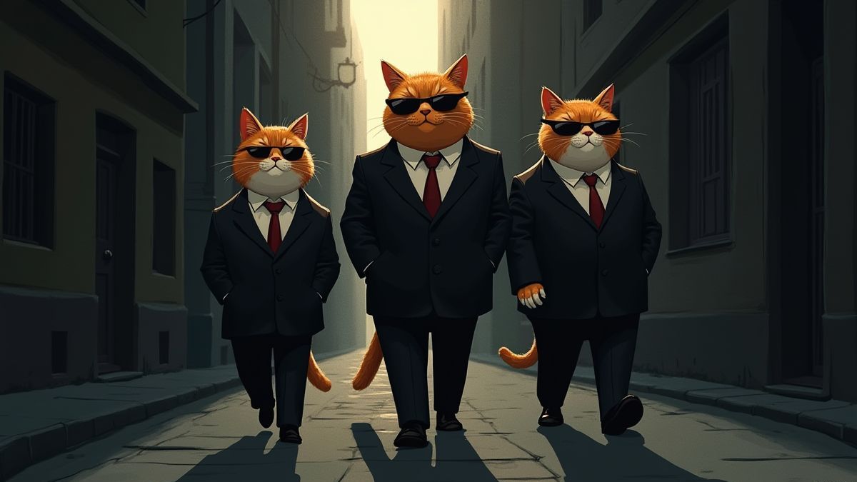 Gatos con trajes y gafas de sol en un callejón oscuro