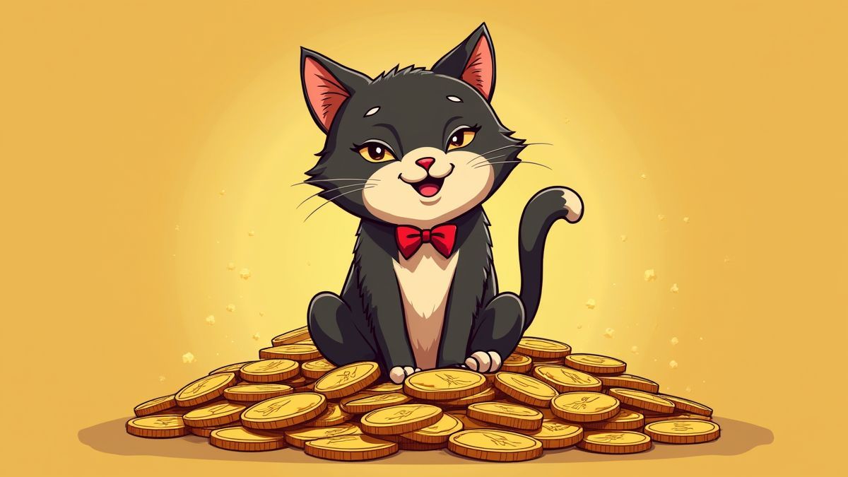 Un gato mafioso juguetón sentado sobre una pila de monedas de oro